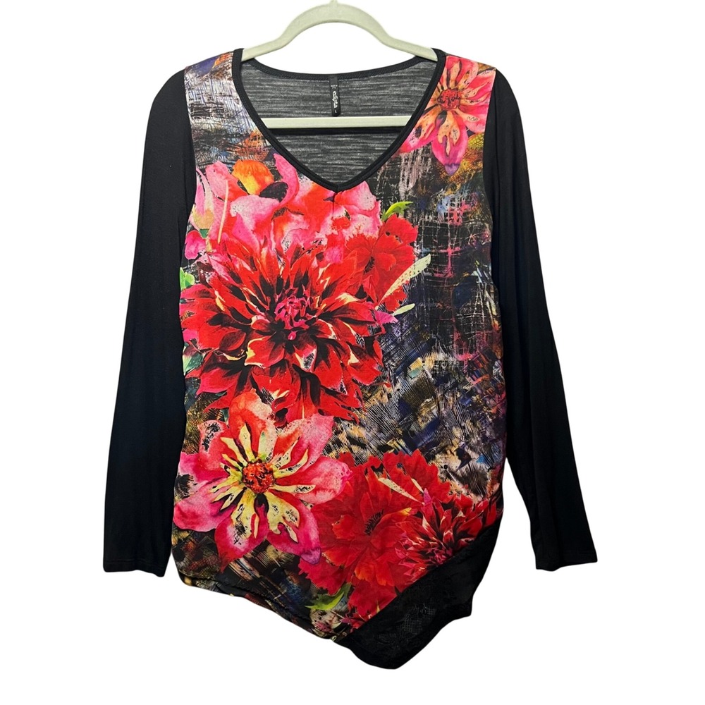 Edyta Long Sleeve Floral Print V Neck Asymmetrical Lace Trim‎ Top L Red Black